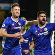 Chelsea's Diego Costa (R) celebrates with teammate Gary Cahill after scoring a goal during an English Premier League match against Everton, at Stamford Bridge in London, on November 5, 2016