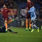 Roma's midfielder Mohamed Salah scores during the Italian Tim Cup second leg semi-final football match AS Roma vs Lazio on April 4, 2017 at the Olympic stadium in Rome
