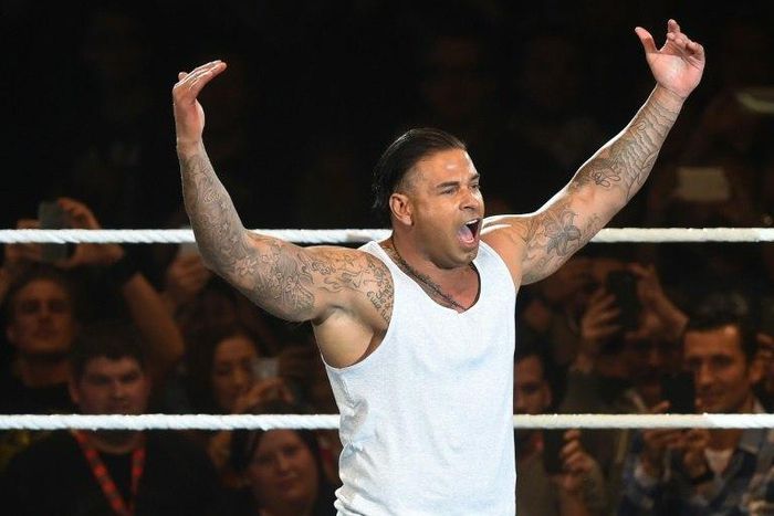 Former German soccer goalkeeper Tim Wiese reacts during the WWE (World Wrestling Entertainment) Six-Man-Tag-Team-Match at the Olympic Hall in Munich, southern Germany on Novermber 3, 2016