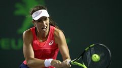 Johanna Konta of Britain hits a return during her Miami Open semi-final match against Venus Williams of the US, at Crandon Park Tennis Center in Key Biscayne, on March 30, 2017