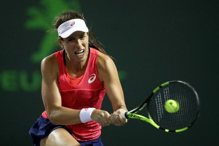 Johanna Konta of Britain hits a return during her Miami Open semi-final match against Venus Williams of the US, at Crandon Park Tennis Center in Key Biscayne, on March 30, 2017
