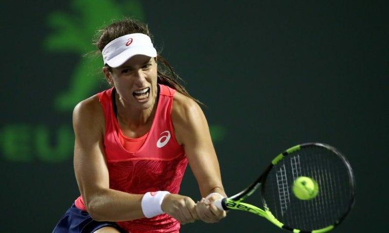 Johanna Konta of Britain hits a return during her Miami Open semi-final match against Venus Williams of the US, at Crandon Park Tennis Center in Key Biscayne, on March 30, 2017