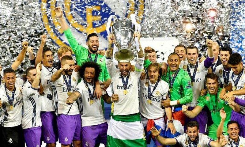 Real Madrid celebrate winning the Champions League, beating Juventus 4-1 in the final in Cardiff on June 3, 2017