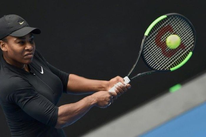 Serena Williams of the US hits a return during a practice session ahead of the Australian Open tennis tournament in Melbourne on January 14, 2017