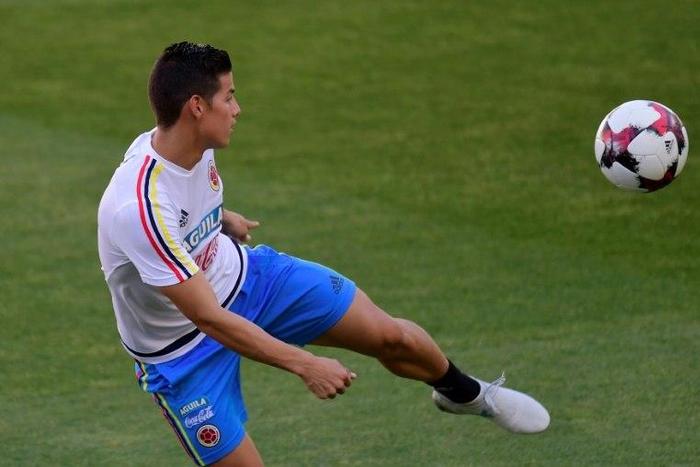 Colombia's midfielder James Rodriguez controls the ball during a training session at the New Condomina stadium in Murcia on June 6, 2017 on the eve of their friendly match against Spain
