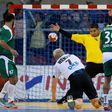 Germany's pivot Patrick Wiencek (Bottom) shoots against Saudi Arabia's goalkeeper Manaf Alsaeed during the 25th IHF Men's World Championship 2017 Group C handball match Germany vs Saudi Arabia on January 17, 2017 at the Kindarena in Rouen