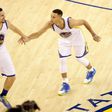 Klay Thompson (L) and Stephen Curry (R) outshined Russell Westbrook as the Golden State Warriors romped to a 111-95 victory against the Oklahoma City Thunder, at Chesapeake Energy Arena in Oklahoma City, on March 20, 2017