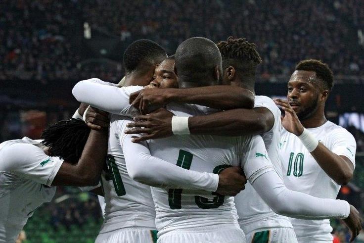 Ivory Coast's players celebrate a goal during their international friendly football match against Russia in Krasnodar on March 24, 2017