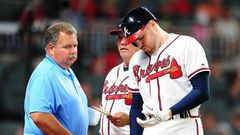 Freddie Freeman #5 of the Atlanta Braves sustained the second major wrist injury of his career after he was hit by a fastball from Toronto Blue Jays left-handed pitcher Aaron Loup on May 17, 2017