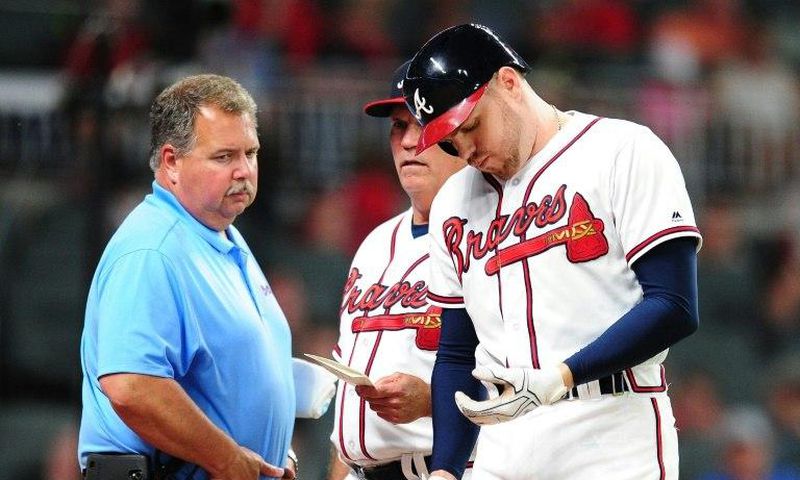 Freddie Freeman #5 of the Atlanta Braves sustained the second major wrist injury of his career after he was hit by a fastball from Toronto Blue Jays left-handed pitcher Aaron Loup on May 17, 2017