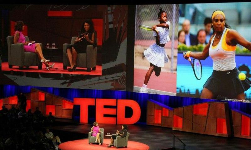 US superstar tennis player Serena Williams (R) discusses her career and pending motherhood with journalist Gayle King during the TED Conference on April 25, 2017 in Vancouver, Canada