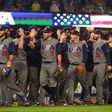 Team USA celebrate their 2-1 win over Japan at the end of the ninth inning in Game 2 of the Championship Round of the 2017 World Baseball Classic, at Dodger Stadium in Los Angeles, on March 21
