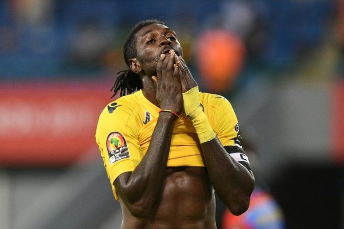 Togo's forward Emmanuel Adebayor reacts after missing a goal opportunity during the 2017 Africa Cup of Nations group C football match between Togo and DR Congo in Port-Gentil on January 24, 2017
