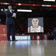 Yao Ming gives a speech as the Houston Rockets retired the ground-breaking Chinese star's jersey in an emotional halftime ceremony