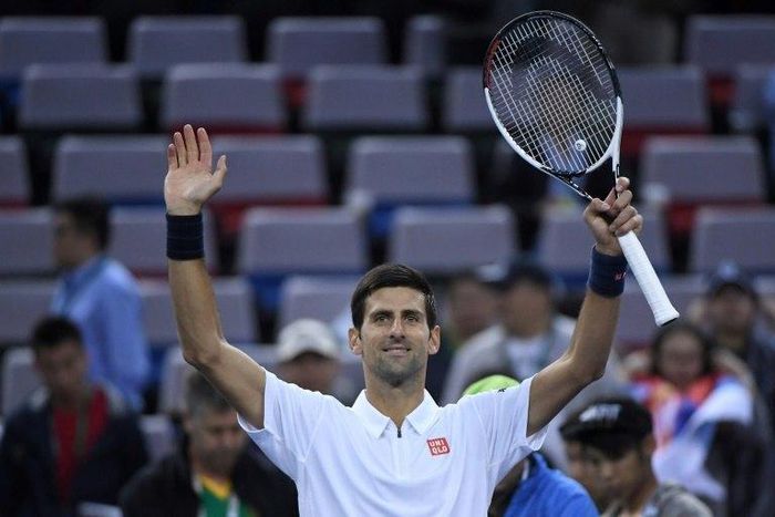 World number one Novak Djokovic celebrates after beating Vasek Pospisil at the Shanghai Masters on October 13, 2016