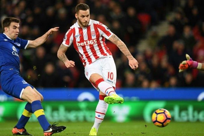 Stoke City's Marko Arnautovic, seen in February 2017, (C) struck twice in the first half of their game against Middlesbrough