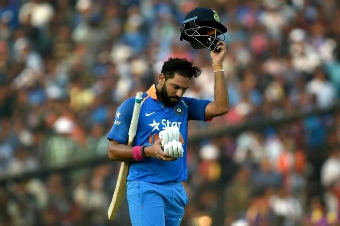 India's Yuvraj Singh returns to the pavilion after scoring 150 runs against England in the second one-day international in Cuttack on January 19, 2017
