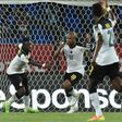 Ghana's forward Andre Ayew (C) celebrates with teammates after scoring his team's second goal during the 2017 Africa Cup of Nations quarter-final football match between DR Congo and Ghana in Oyem on January 29, 2017