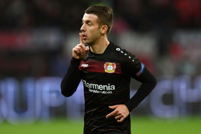 Leverkusen's midfielder Vladlen Yurchenko celebrates scoring the opening goal during the UEFA Champions League group E match between Bayer 04 Leverkusen and AS Monaco FC in Leverkusen, western Germany, on December 7, 2016