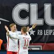 Leipzig's forward Timo Werner (R) celebrates with Leipzig's midfielder Emil Forsberg after scoring on November 6, 2016