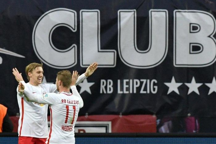 Leipzig's forward Timo Werner (R) celebrates with Leipzig's midfielder Emil Forsberg after scoring on November 6, 2016