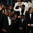 US director Barry Jenkins (C) speaks after "Moonlight" won the Best Film award at the 89th Oscars on February 26, 2017 in Hollywood, California