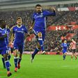 Chelsea's striker Diego Costa (C) celebrates scoring their second goal with midfielder Victor Moses (L) and defender Marcos Alonso (2ndL) on October 30, 2016