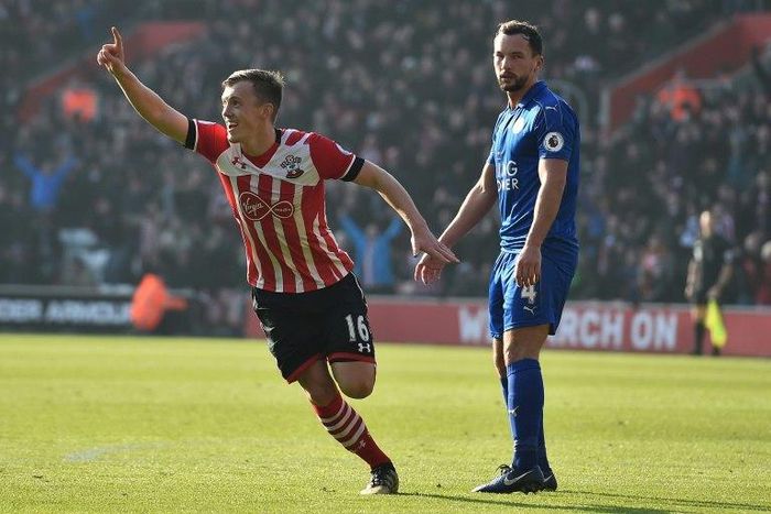 Southampton's English midfielder James Ward-Prowse (C) celebrates after scoring the opening goal of the English Premier League match against Leicester City at St Mary's Stadium in Southampton, southern England on January 22, 2017