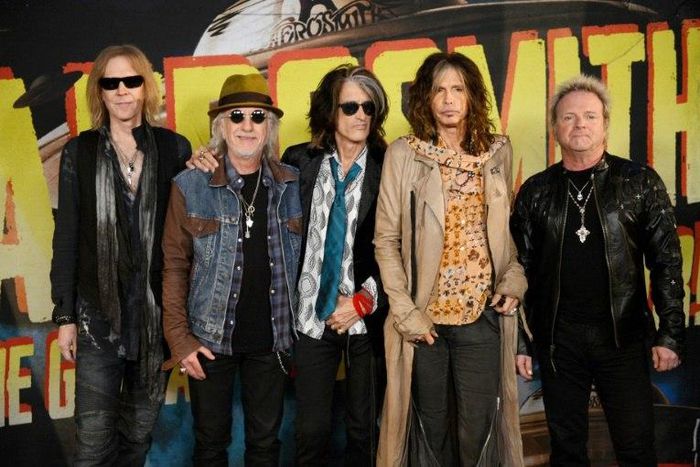 L-R: Musicians Tom Hamilton, Brad Whitford, Joe Perry, Steven Tyler and Joey Kramer of Aerosmith will start a "farewell" tour on May 17, 2017 in Tel Aviv