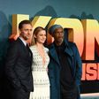 (From L) Actors Tom Hiddleston, Brie Larson and Samuel L. Jackson pose upon arrival at the European premiere of 'Kong: Skull Island', in London, on February 28, 2017