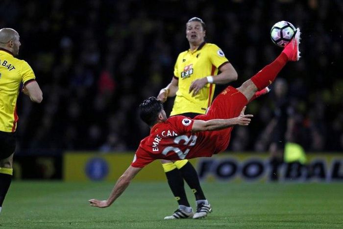 Liverpool's midfielder Emre Can connects with this overhead kick to open the scoring in the English Premier League football match against Watford at Vicarage Road Stadium in Watford, north of London on May 1, 2017