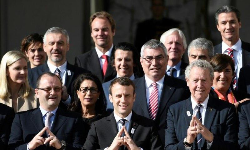 French President Emmanuel Macron (centre) met with members of the International Olympic Committee (IOC) Evaluation Commission at the Elysee Palace in Paris, on May 16, 2017