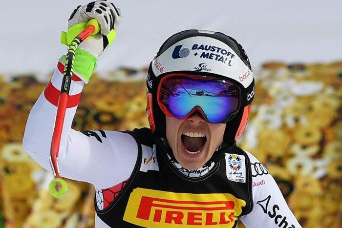 Austria's Nicole Schmidhofer celebrates after winning the women's Super-G race at the World Ski Championships in St. Moritz, on February 7, 2017