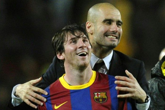 Pep Guardiola (back) served as Lionel Messi's coach at Barcelona from 2008-12