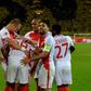 Monaco's players celebrate scoring during their UEFA Champions League 1st leg quarter-final football match against Dortmund, western Germany on April 12, 2017