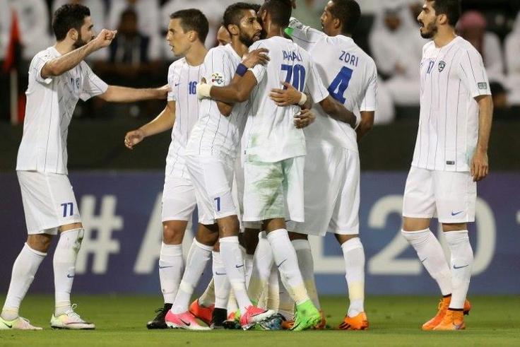 Al Hilal's players celebrate during an AFC Champions League match against Qatar's Al Rayyan in Doha on May 8, 2017