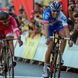 FDJ's Italian rider Davide Cimolai (R) crosses the finish line to win, followed by Cofidis' French rider Nacer Bouhanni after the first stage of the 97th Tour of Catalunya on March 20, 2017