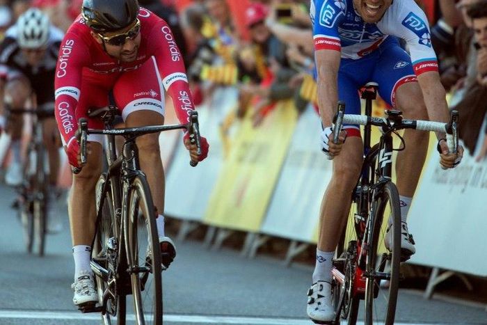 FDJ's Italian rider Davide Cimolai (R) crosses the finish line to win, followed by Cofidis' French rider Nacer Bouhanni after the first stage of the 97th Tour of Catalunya on March 20, 2017