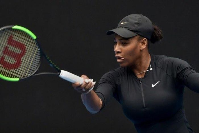Serena Williams hits a return during a practice session ahead of the 2017 Australian Open, in Melbourne, on January 14