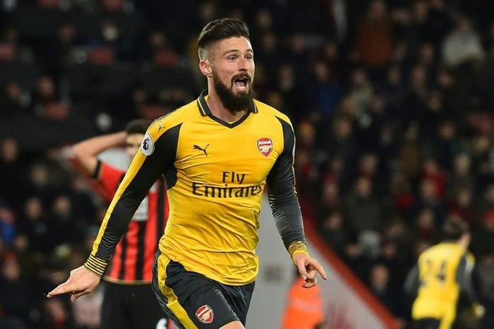 Arsenal's French striker Olivier Giroud celebrates after scoring during their game against Bournemouth on January 3, 2017