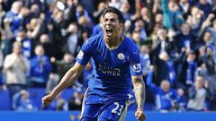 Leonardo Ulloa celebrates after netting a late equaliser for Leicester City against West Ham on Sunday, April 17