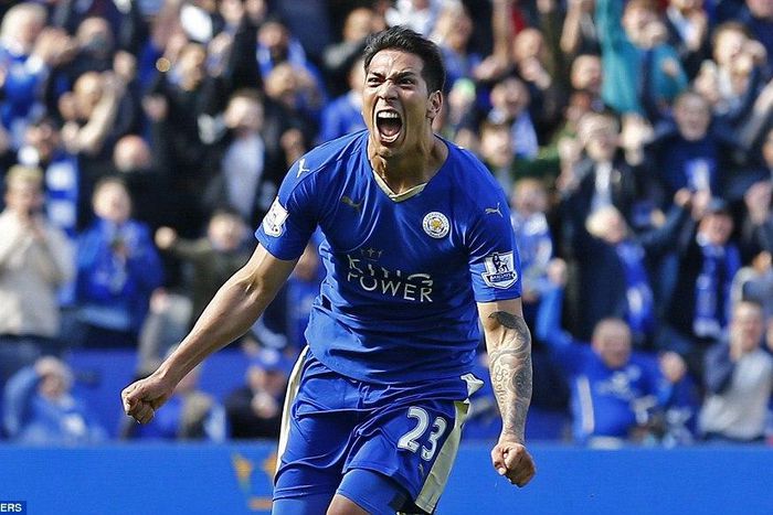 Leonardo Ulloa celebrates after netting a late equaliser for Leicester City against West Ham on Sunday, April 17