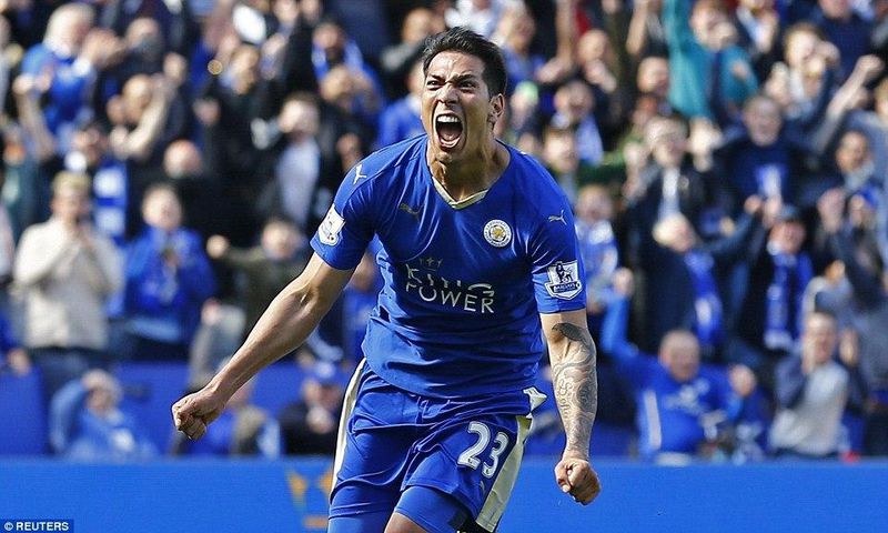 Leonardo Ulloa celebrates after netting a late equaliser for Leicester City against West Ham on Sunday, April 17