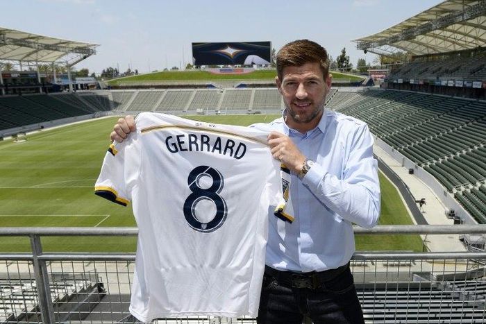 Steven Gerrard with his shirt after joining Los Angeles Galaxy last year
