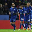 Leicester City's midfielder Wilfred Ndidi (3R) returns with teammates for the restart after scoring their seond goal during the English FA Cup fourth round replay football match between against Derby County February 8, 2017