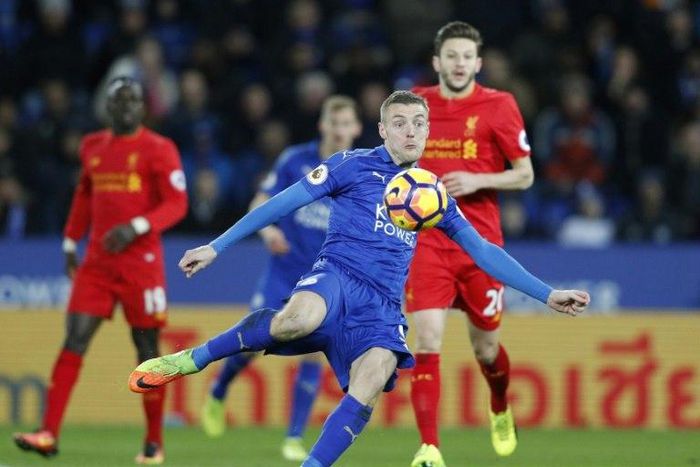 Leicester City's striker Jamie Vardy takes a shot against Liverpool at King Power Stadium on February 27, 2017