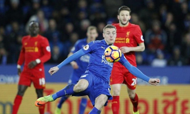 Leicester City's striker Jamie Vardy takes a shot against Liverpool at King Power Stadium on February 27, 2017