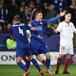 Leicester City's Jamie Vardy (2nd left) remonstrates with Sevilla's Samir Nasri (2nd right) after an off-the-ball incident during their Champions League match on March 14, 2017