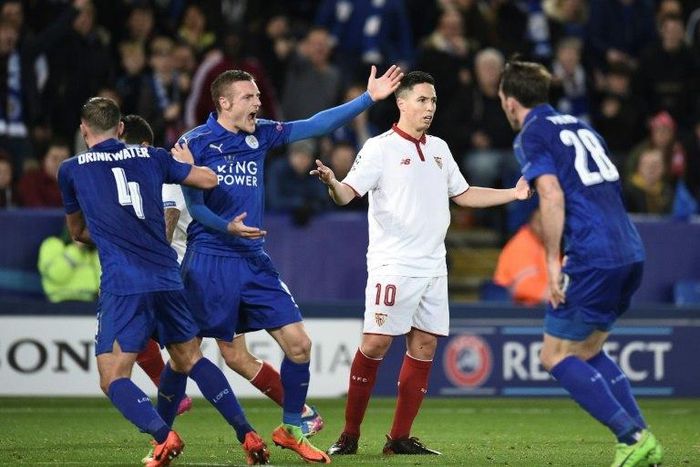 Leicester City's Jamie Vardy (2nd left) remonstrates with Sevilla's Samir Nasri (2nd right) after an off-the-ball incident during their Champions League match on March 14, 2017