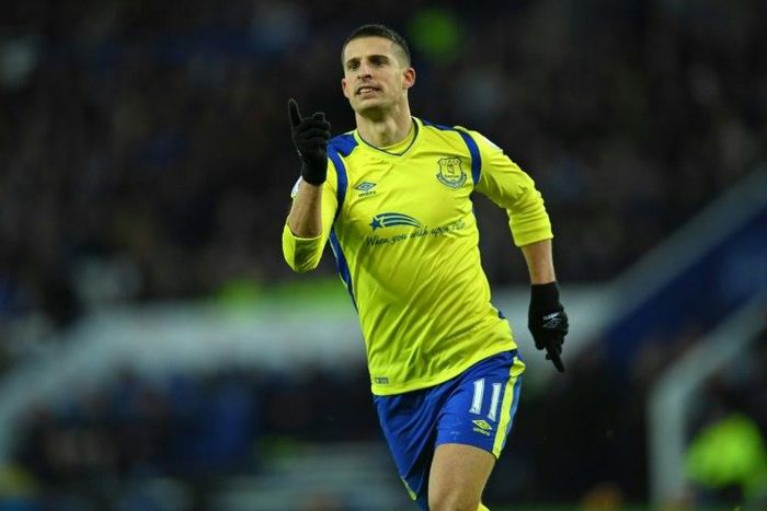 Everton's Kevin Mirallas celebrates after scoring a goal during their English Premier League match against Leicester City, at King Power Stadium in Leicester, on December 26, 2016